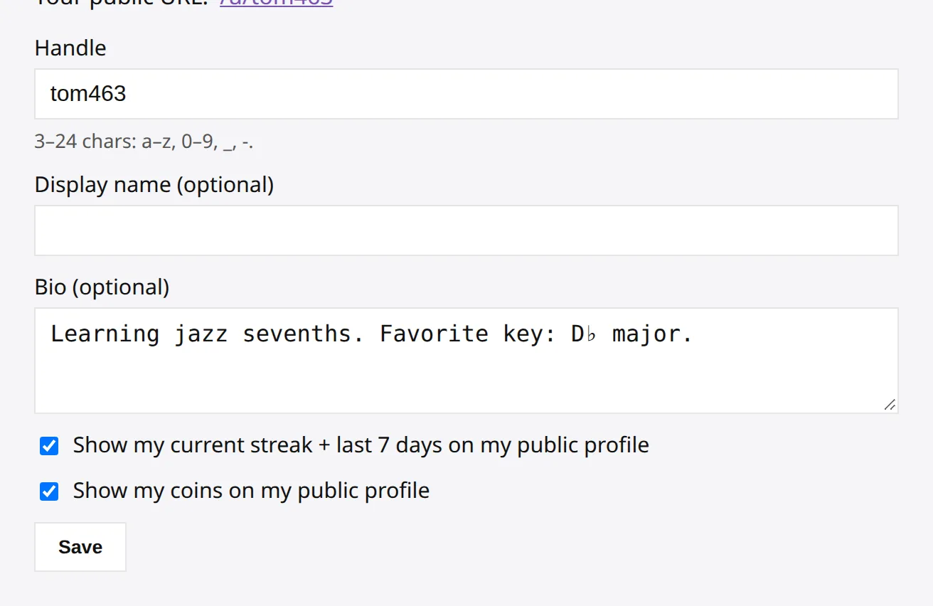 The profile settings: handle, display name, bio, and two ticked boxes — show my streak and last 7 days, show my coins.