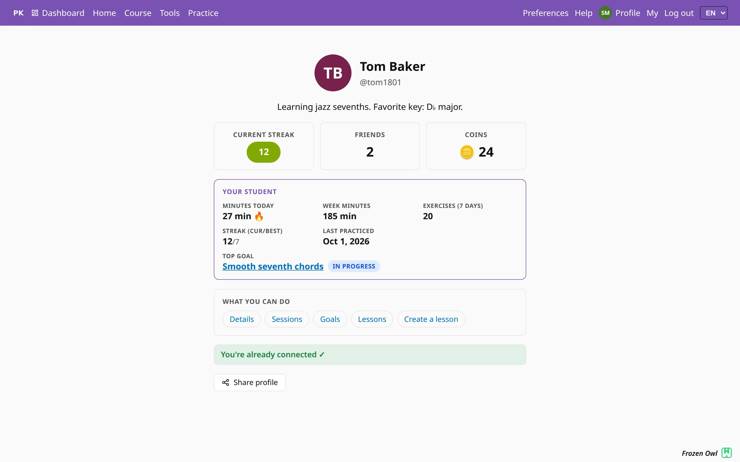 A student’s profile opened by the teacher: a card with minutes today and this week, exercises, streak, last practice and the top goal, and buttons for Details, Sessions, Goals, Lessons and Create a lesson.