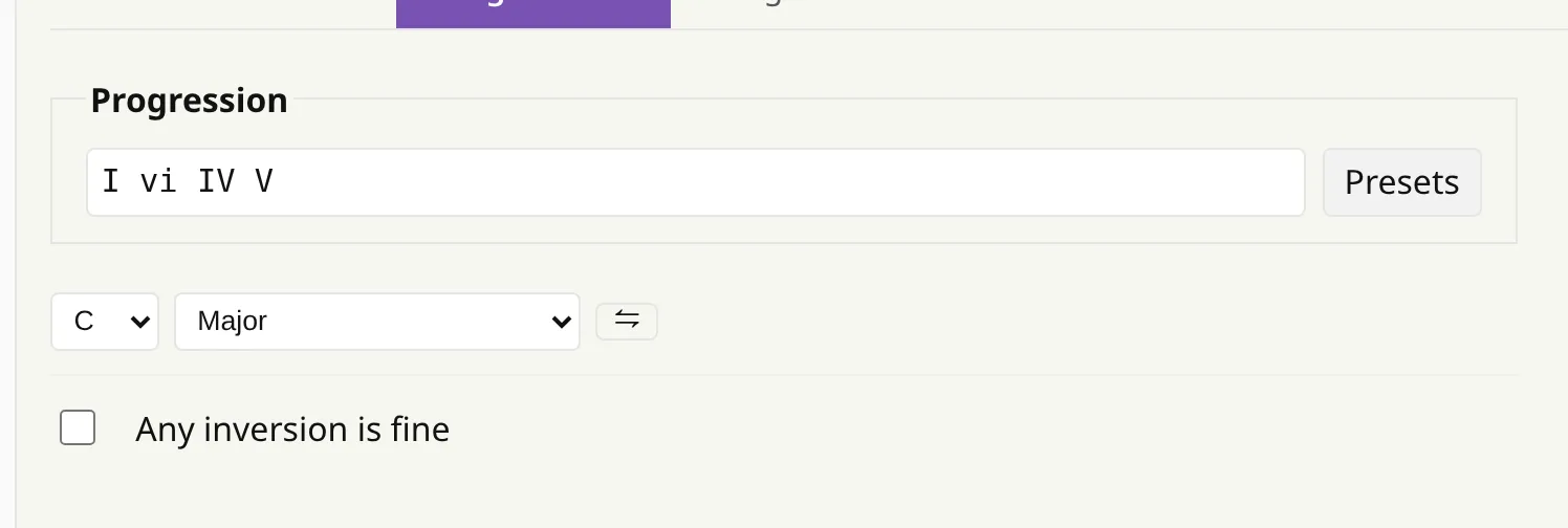 The progressions section of Preferences: the progression field, the key and the scale.