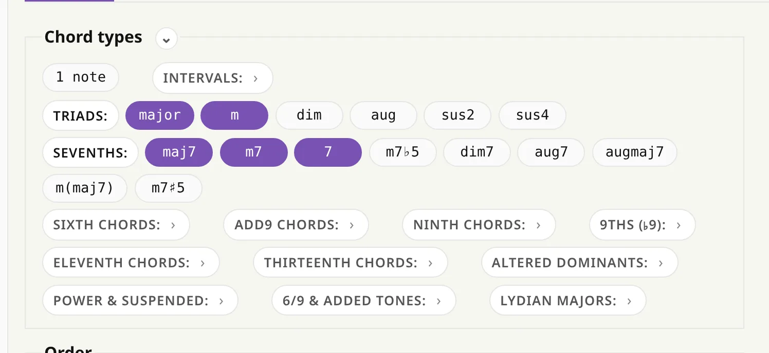 The chord types picker with major, minor, maj7, m7 and 7 selected.