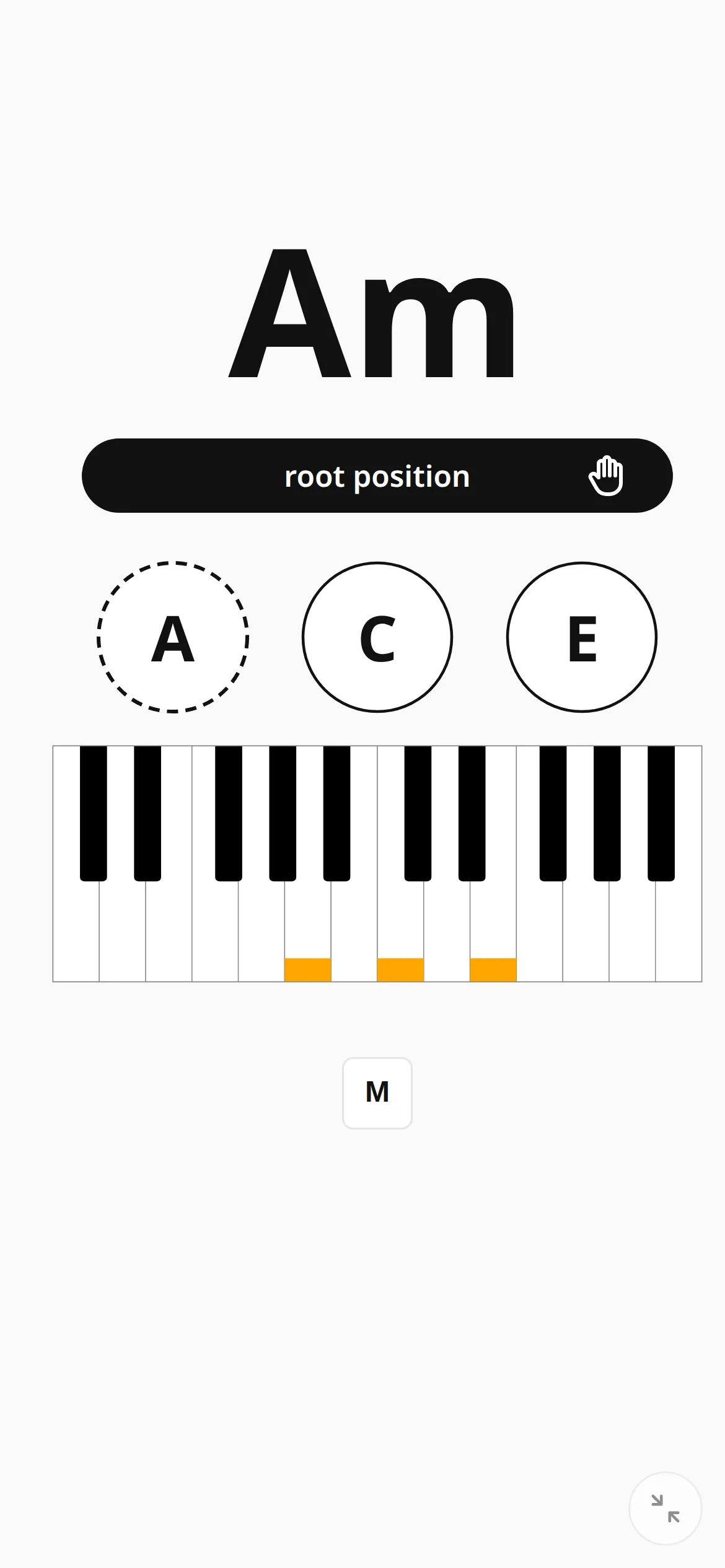 The practice screen on a phone asking for A minor, with the notes A, C and E.