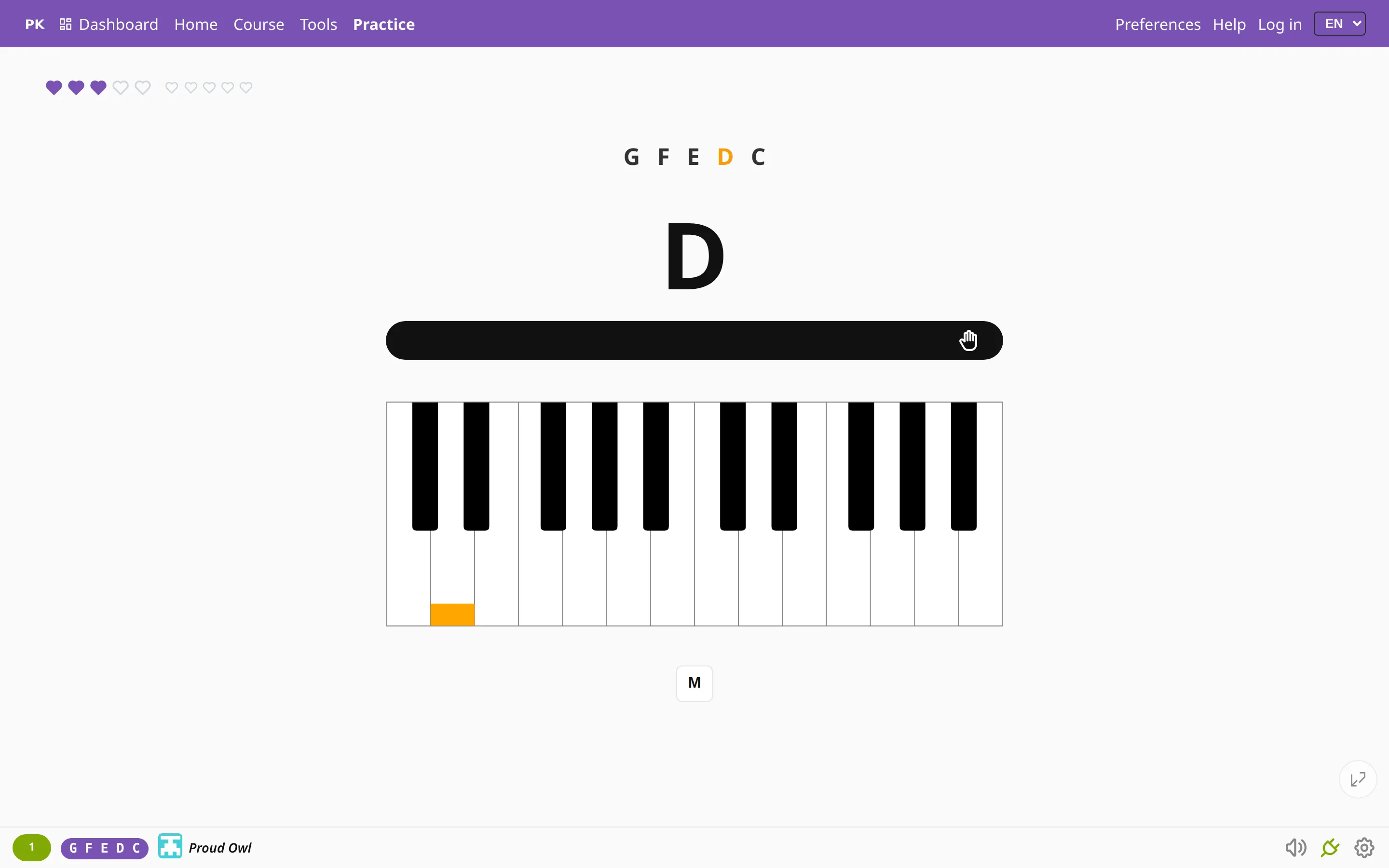 The practice screen after a single-note recording: the chart reads G, F, E, D, C.