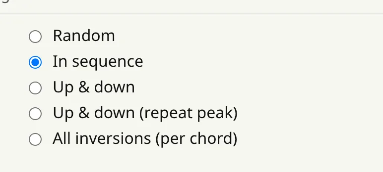 The sequence setting: in order, up and down, around the circle of fifths, chromatic.