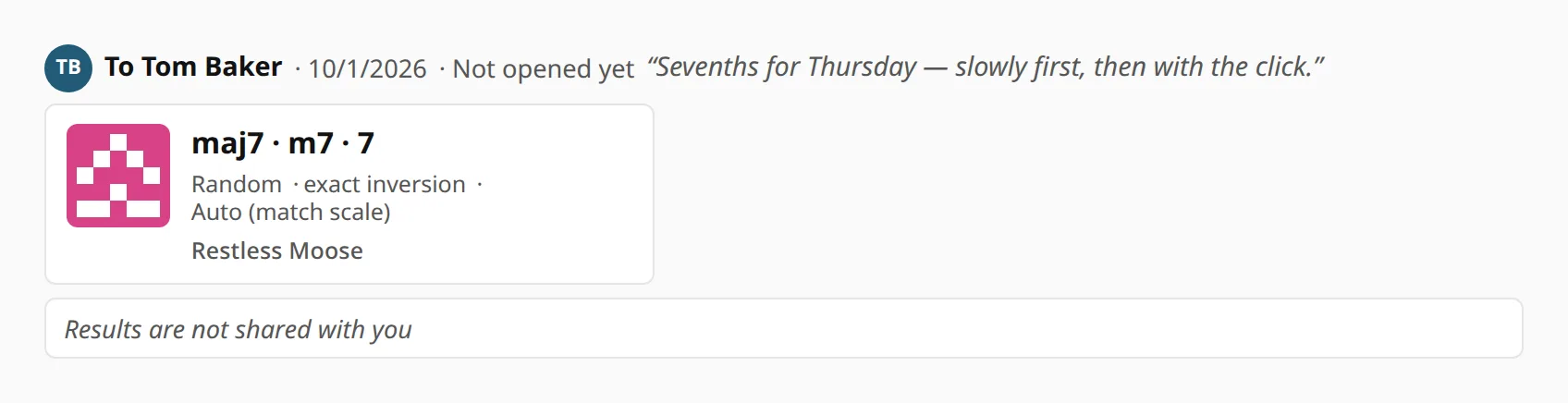 My shared links: to Tom Baker, today, not opened yet, with the note and the exercise card.