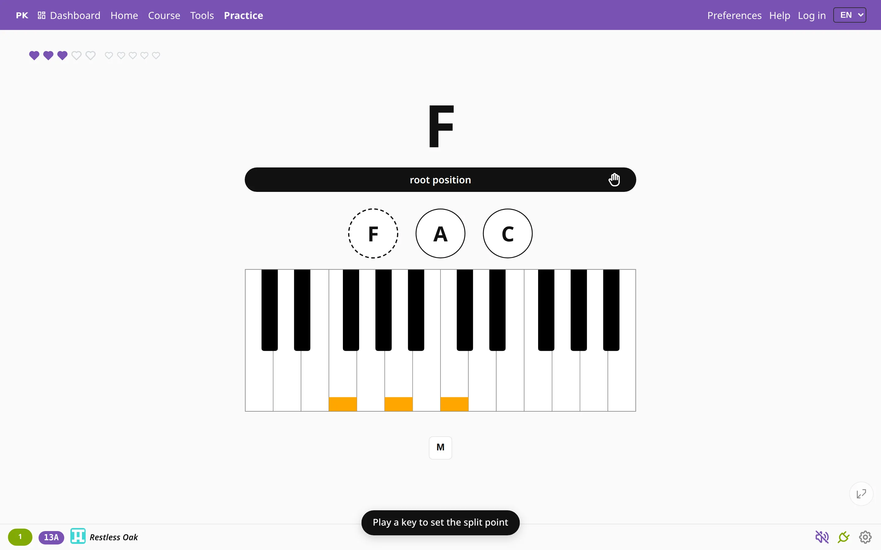 The practice screen with a message at the bottom: play a key to set the split point.