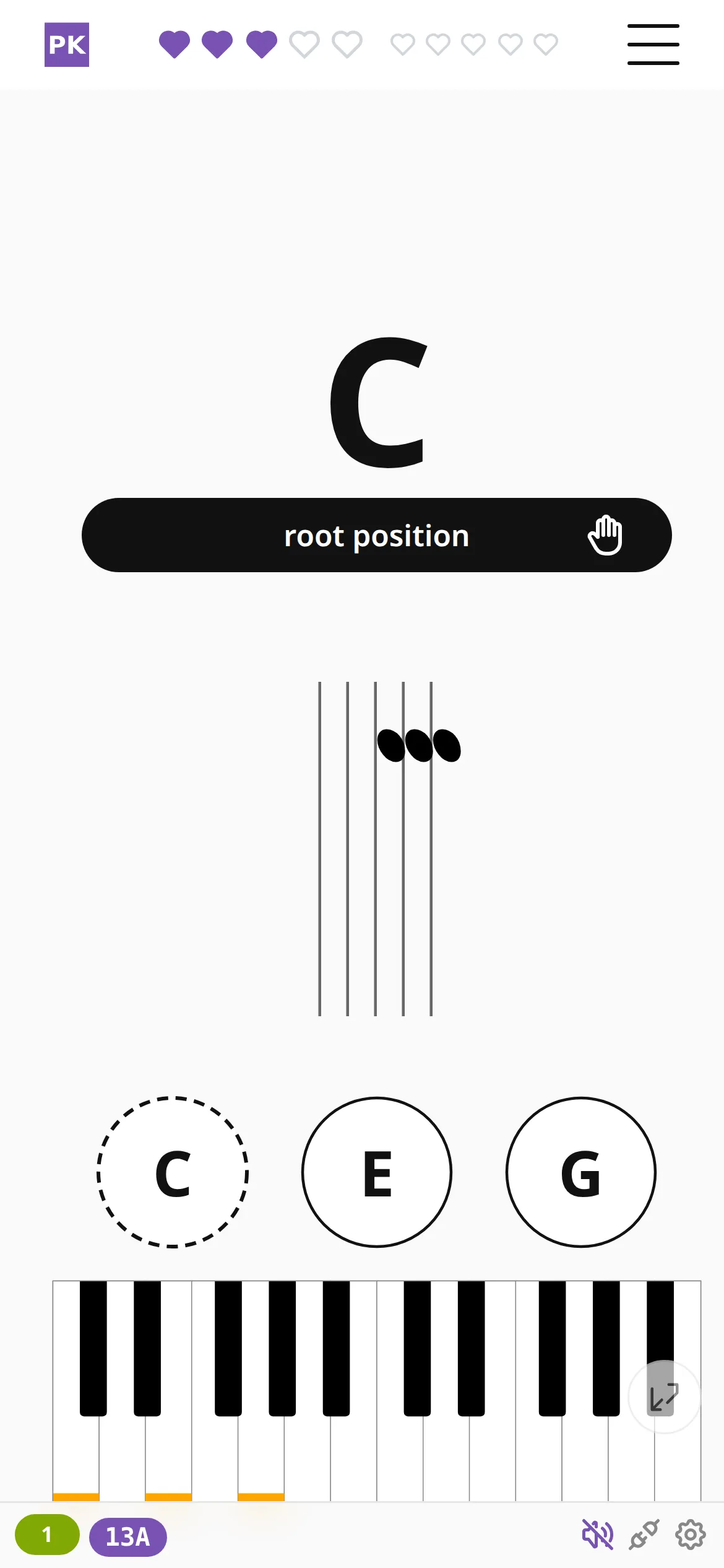 A phone with the turned staff under the chord name: the three notes of C major left to right, and the answer circles and keyboard below.