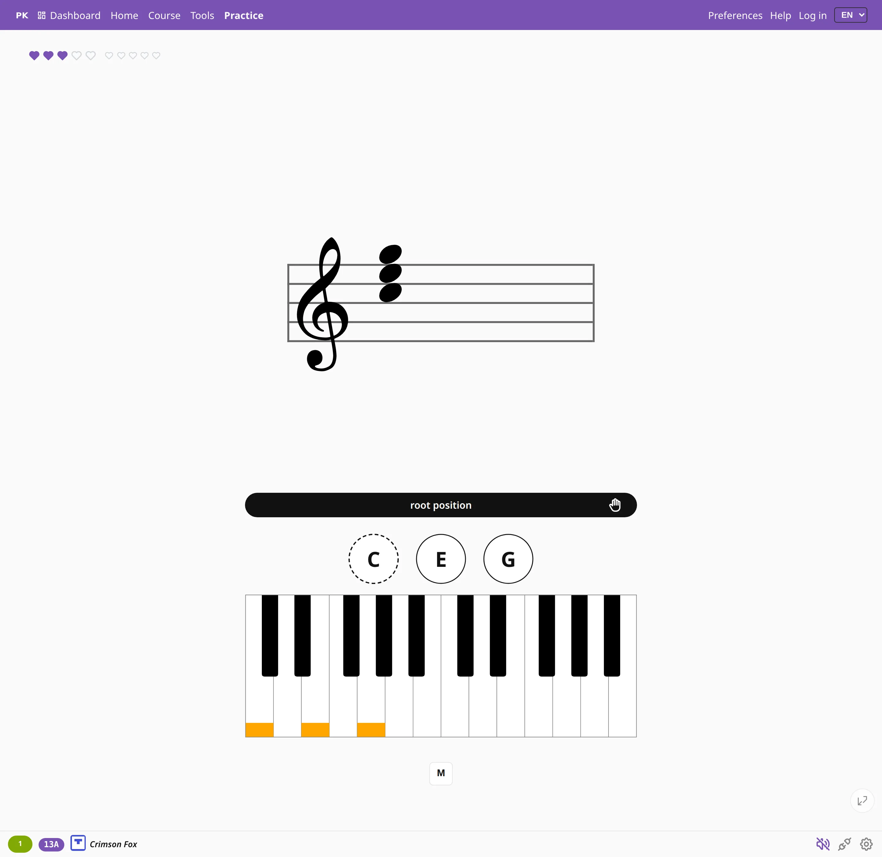 The practice screen in staff mode: a C major chord stacked vertically on the treble staff, and the same notes marked left to right on the keyboard below.