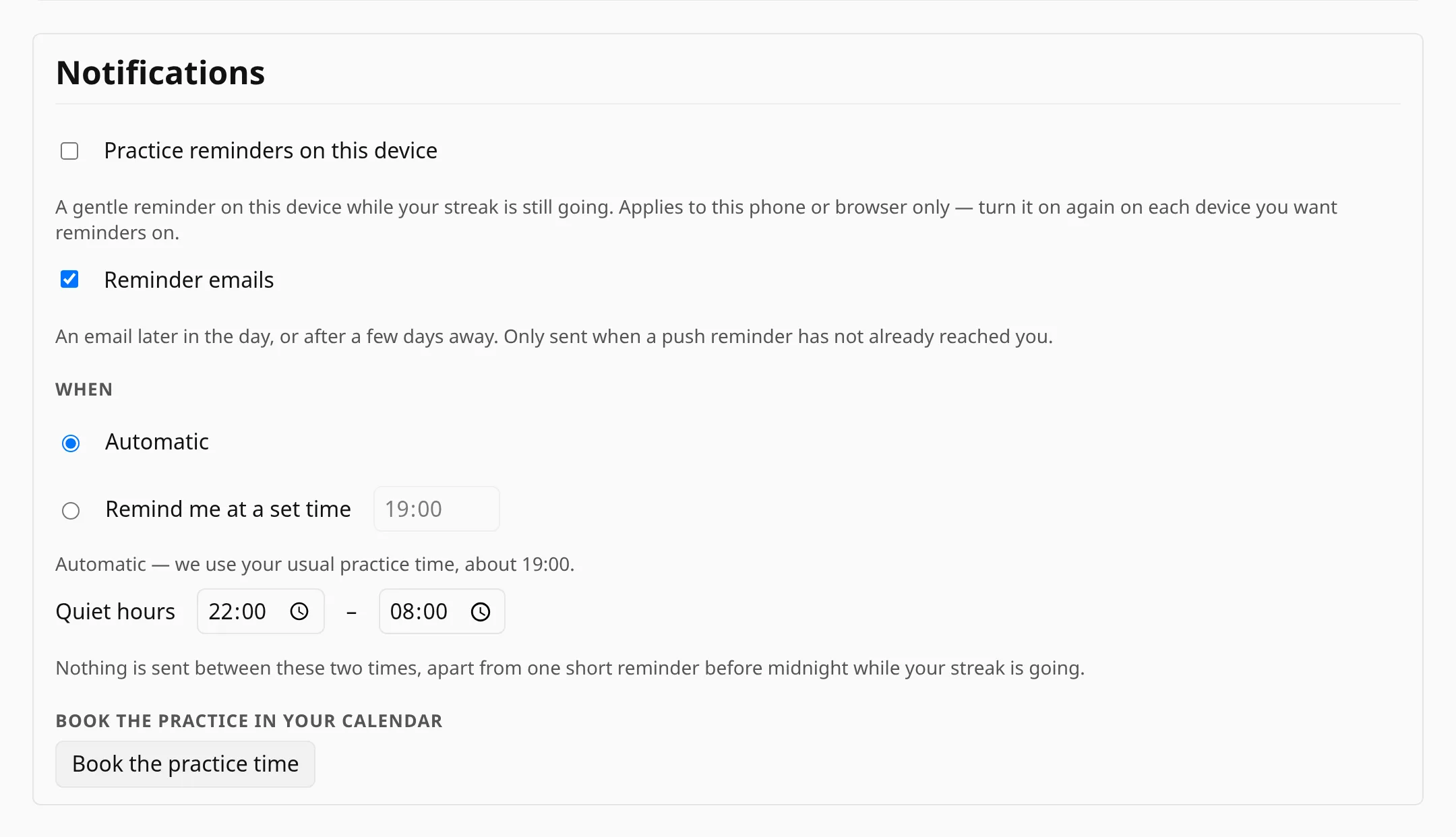 The notification settings: reminders on this device, reminder emails, and a test button.