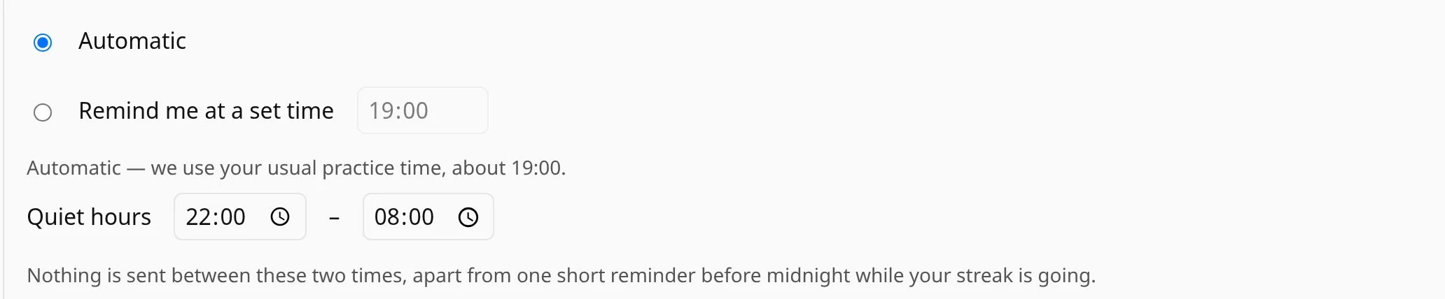 Reminder timing: automatic or a set time, with quiet hours.