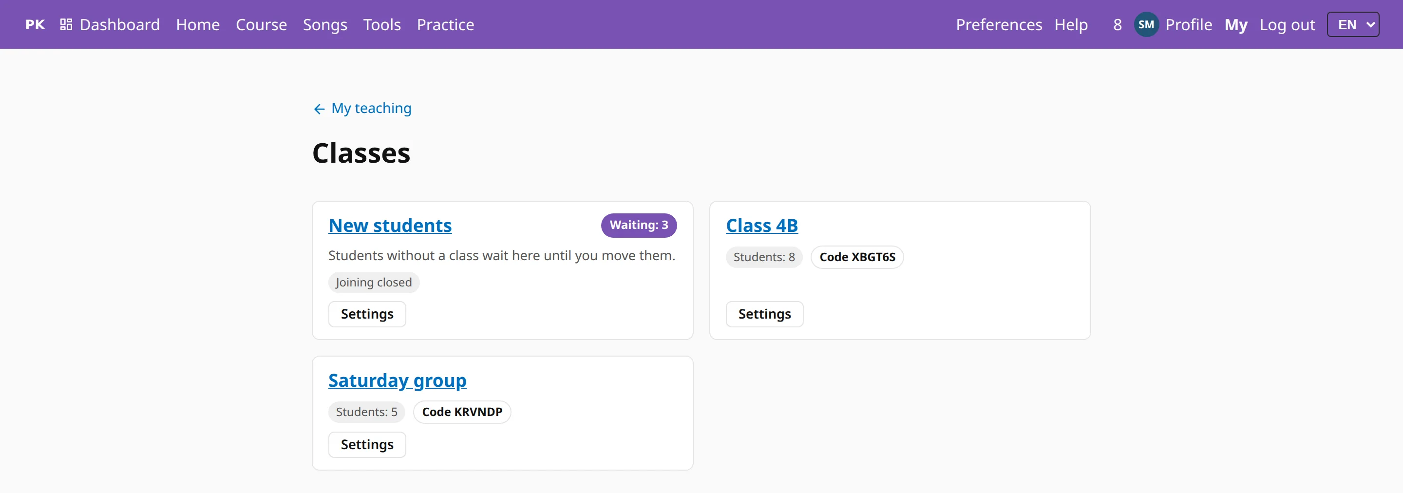 The Classes page: the New students class with three students waiting, and two classes with their join codes.