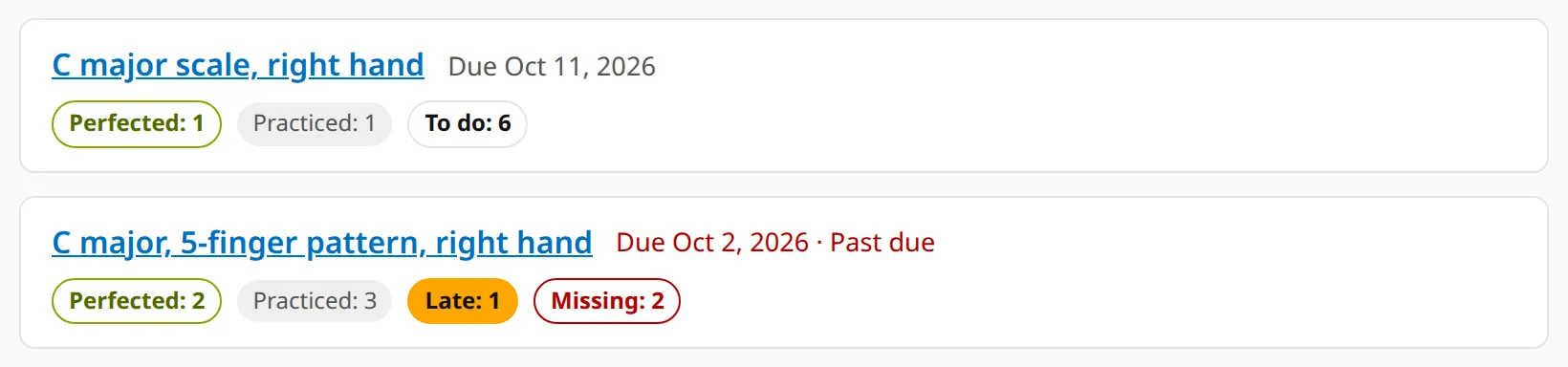 Two assigned homeworks with their due dates and counts: perfected, practiced, late and missing.