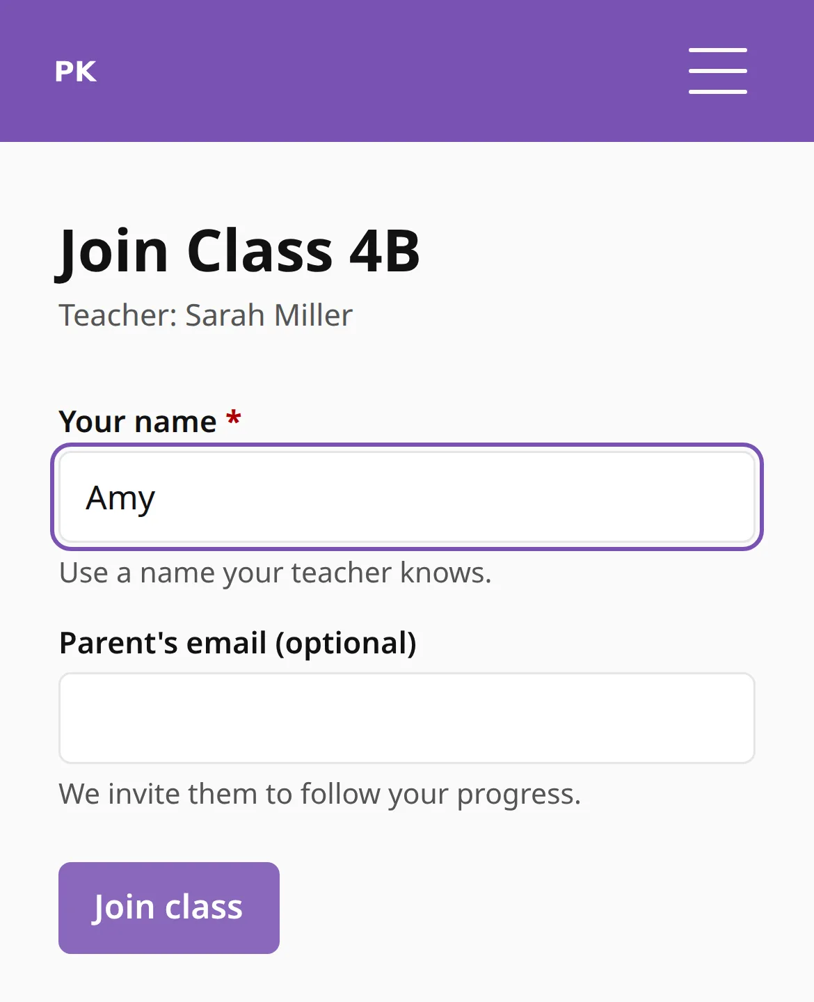 The join page on a phone: the class name, the teacher’s name, a name field, an optional parent’s email and the Join class button.