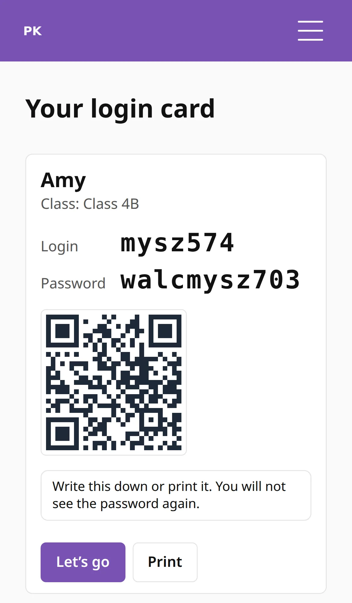 The login card: the student’s name, the class, a login ID, a password, a QR code and the Let’s go and Print buttons.