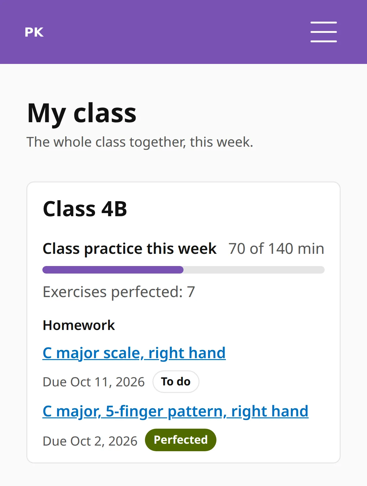 The My class page on a phone: the class’s minutes against the goal, exercises perfected, and the student’s own homework with its status.
