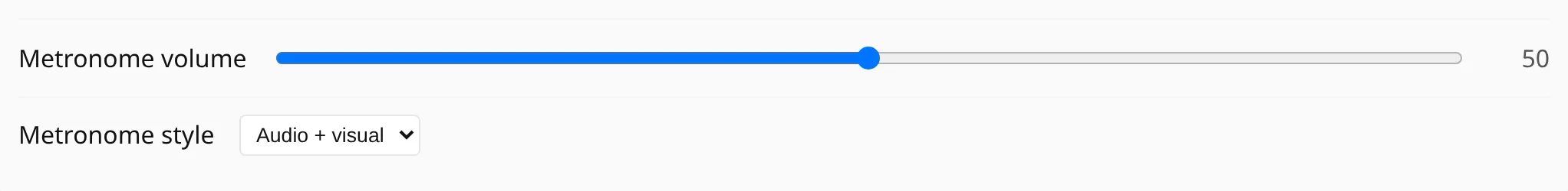 Metronome style: audio only, visual only, or both, with a volume slider.