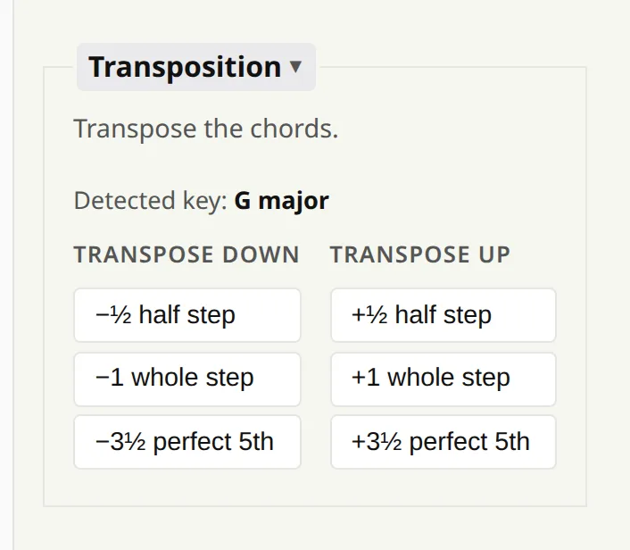 The transposition panel: the detected key and six buttons — half step, whole step and fifth, each up and down.