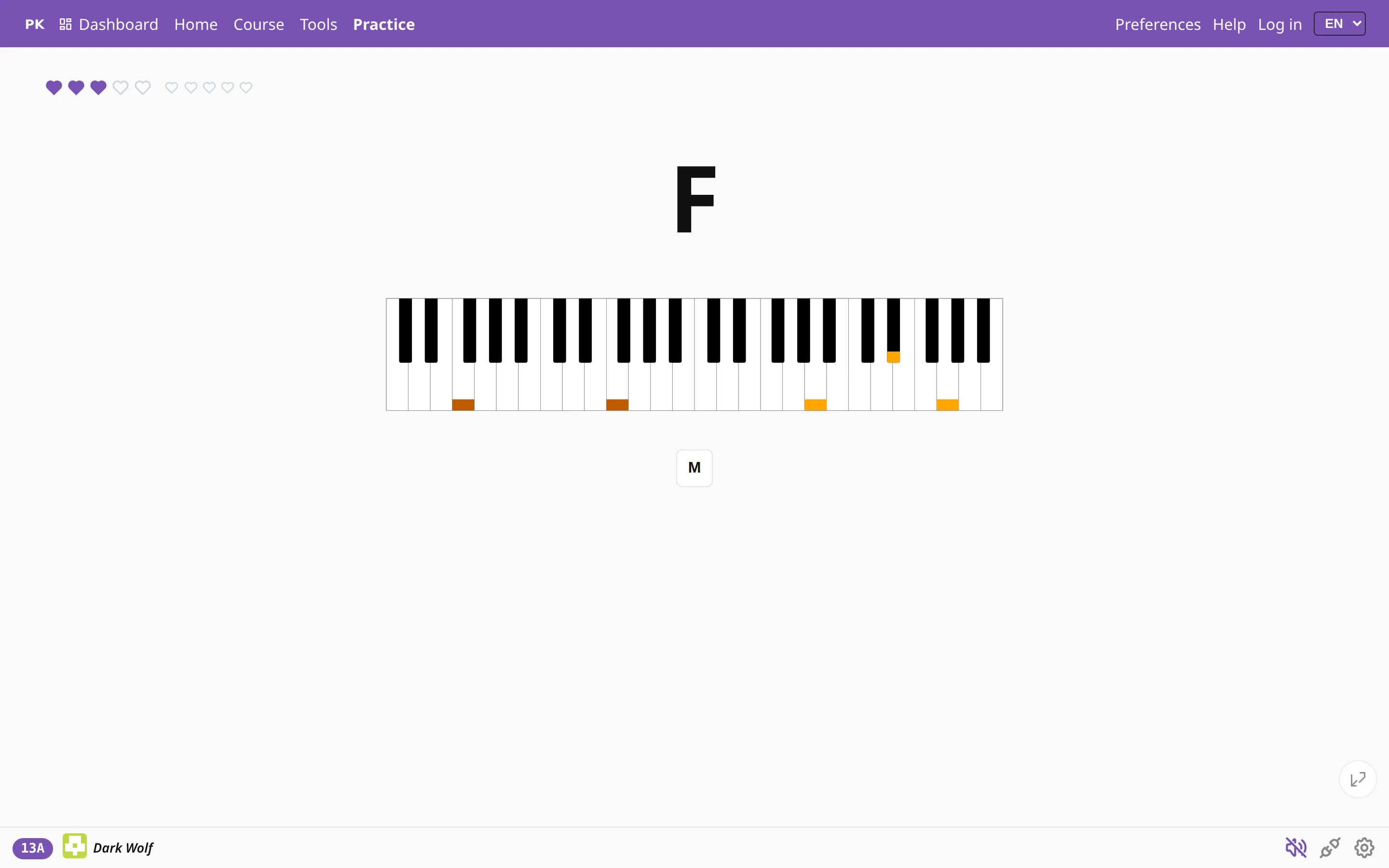 The practice screen in ninja mode: the question is a single root note, with both hands marked on the keyboard.