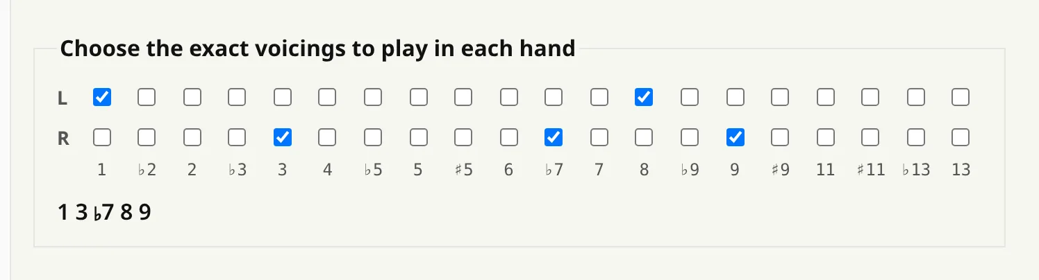 The ninja grid: two rows of checkboxes over twenty step labels from 1 to 13, with 1 and 8 ticked left and 3, ♭7, 9 ticked right.