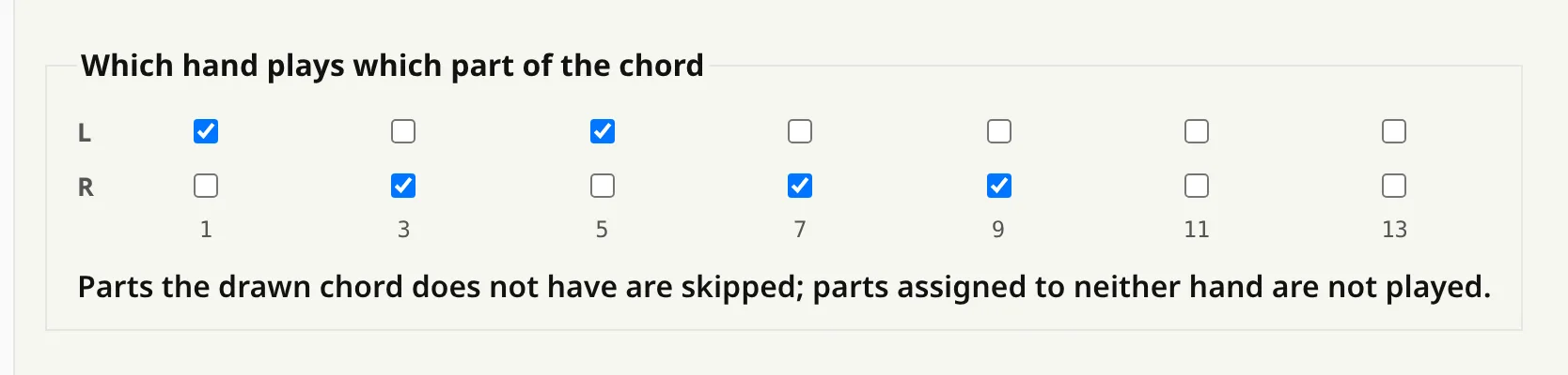The specific-voicing grid: two hand rows of checkboxes over the chord parts 1, 3, 5, 7, 9, 11, 13.