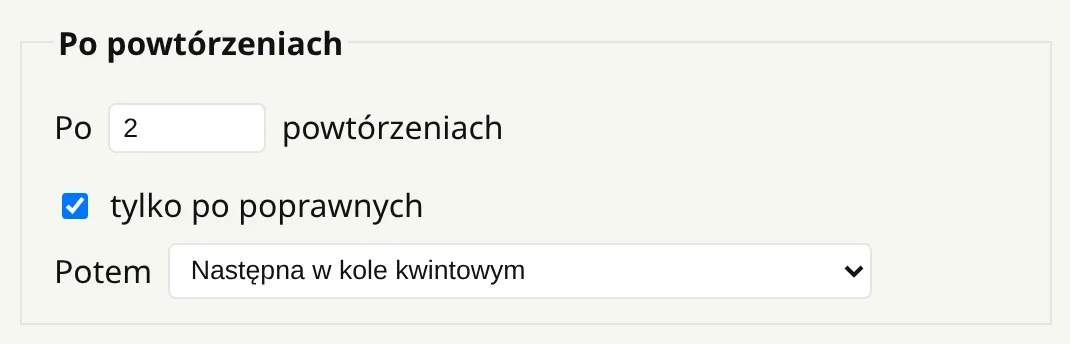 Sekcja Po powtórzeniach na karcie Skale: po 2 powtórzeniach, tylko po poprawnych, potem następna tonacja w kole kwintowym.