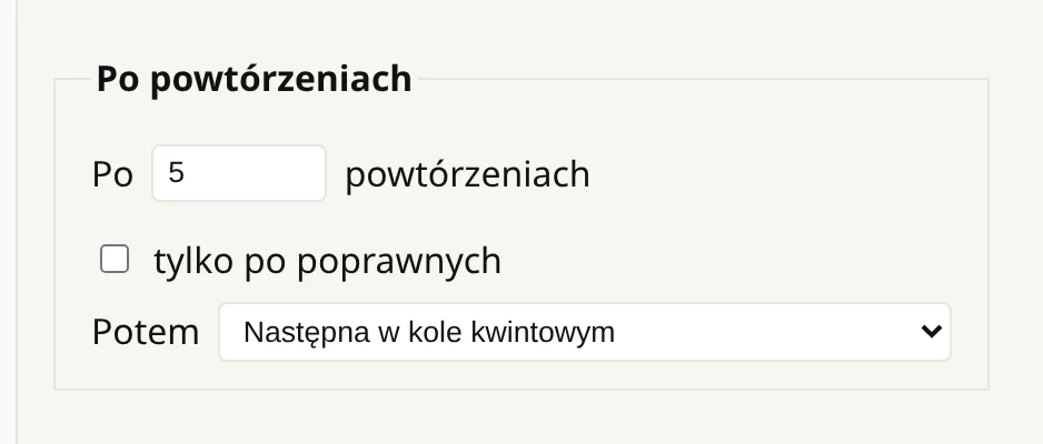 Ustawienie „po powtórzeniach”: po 5 powtórzeniach następna tonacja w kole kwintowym.