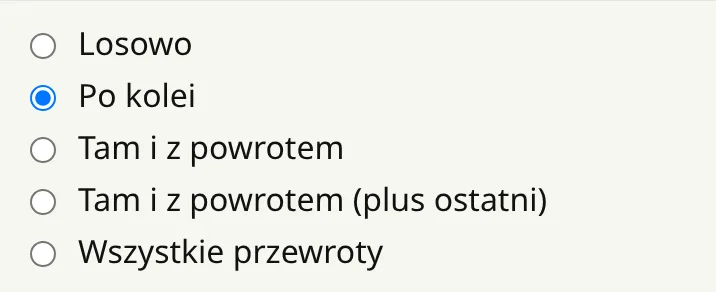 Ustawienie kolejności z czterema wędrówkami po wszystkich tonacjach.