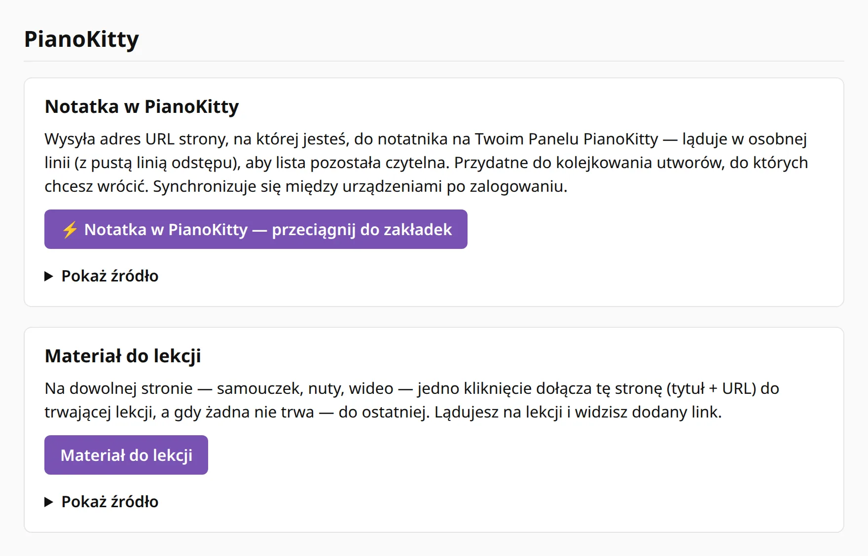 Strona skryptozakładek z przyciskiem „Materiał do lekcji” do przeciągnięcia na pasek zakładek.