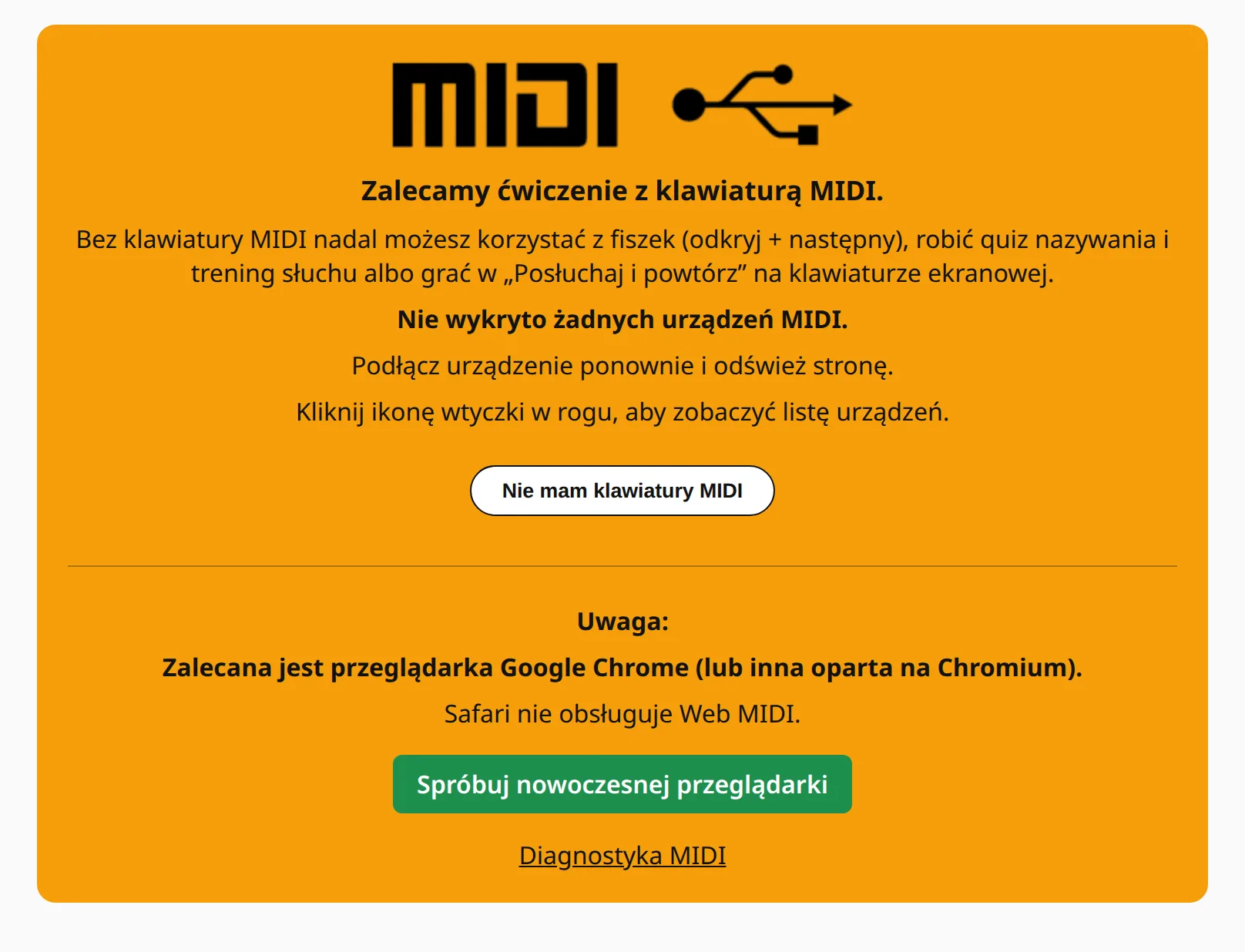 Ten sam komunikat w Safari z dopiskiem, że Safari nie obsługuje Web MIDI, i zaleceniem Chrome.