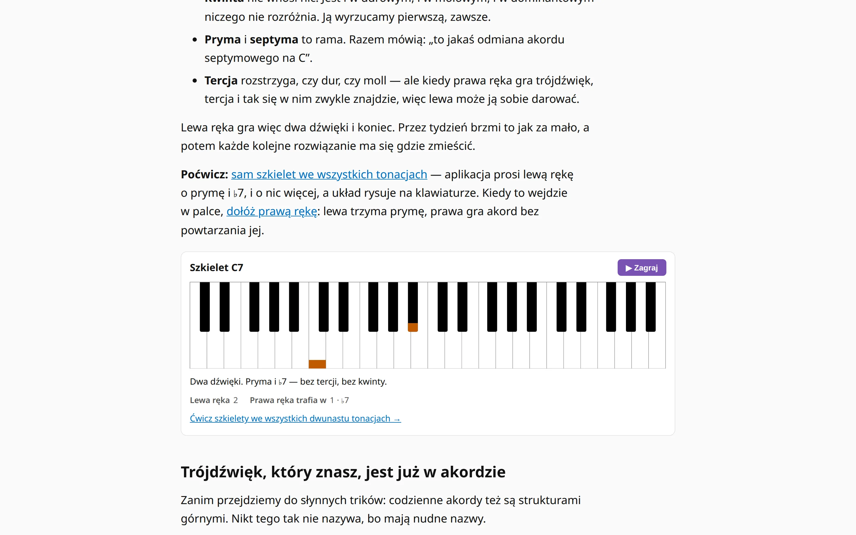 Tutorial o strukturach górnych: wyjaśnienie układów szkieletowych i szkielet C7 narysowany na klawiaturze z przyciskiem odtwarzania.
