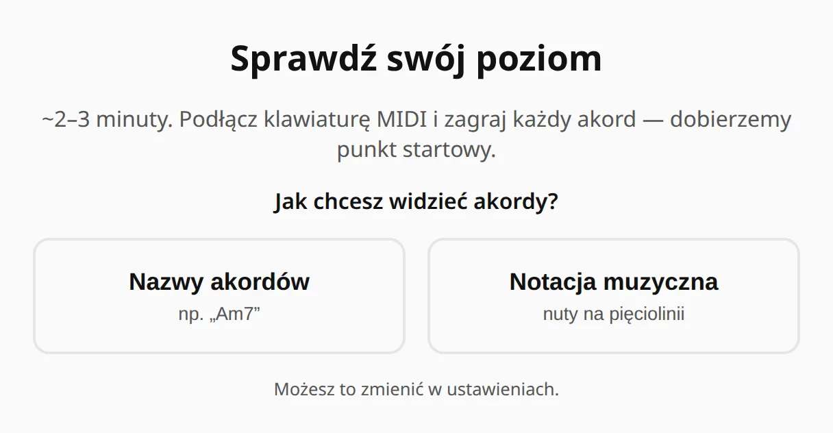 Ekran startowy testu: dwie–trzy minuty i wybór między nazwami akordów a nutami.