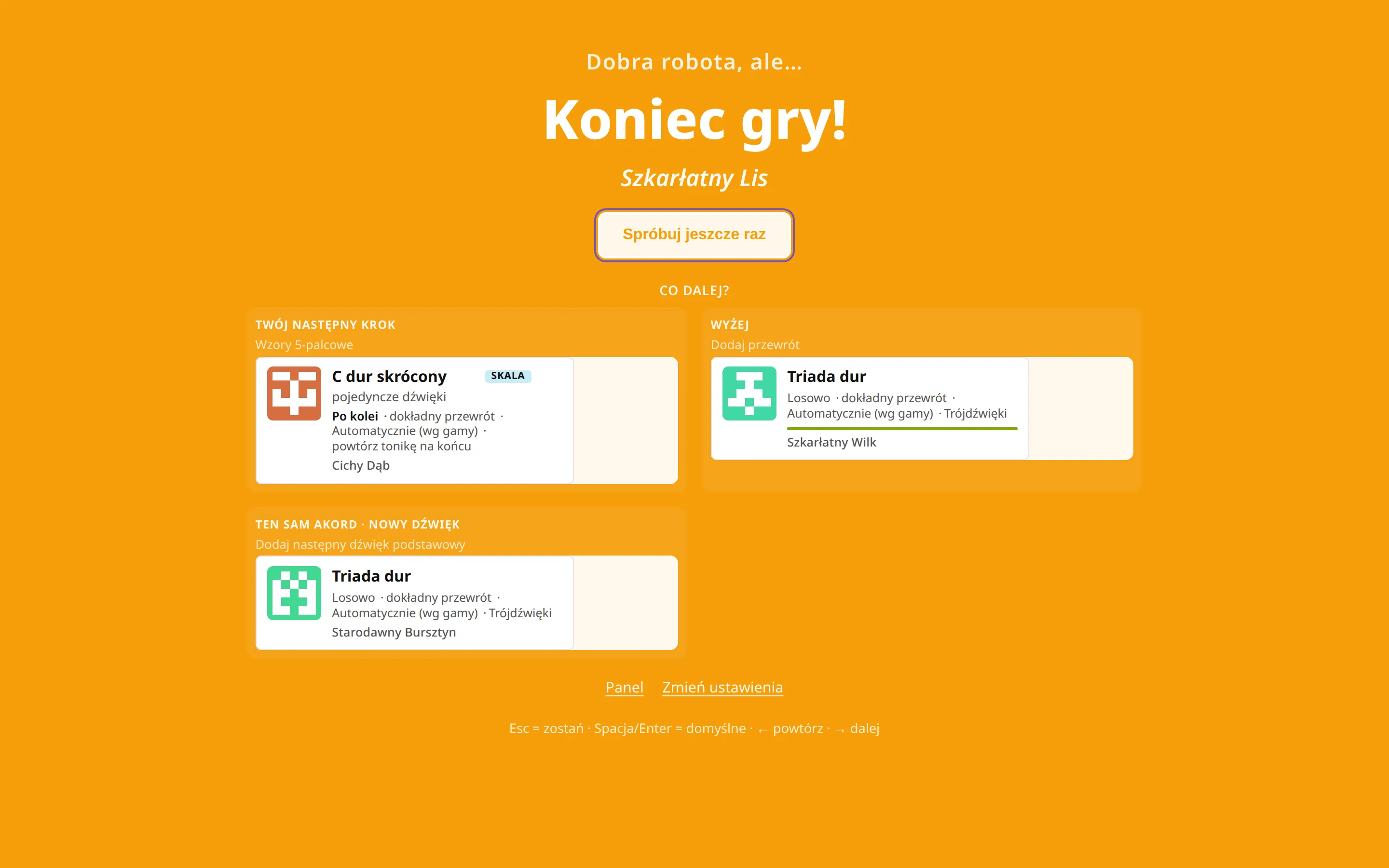 Tablica końcowa: „Koniec gry!”, przycisk spróbuj jeszcze raz i propozycje kolejnych ćwiczeń.