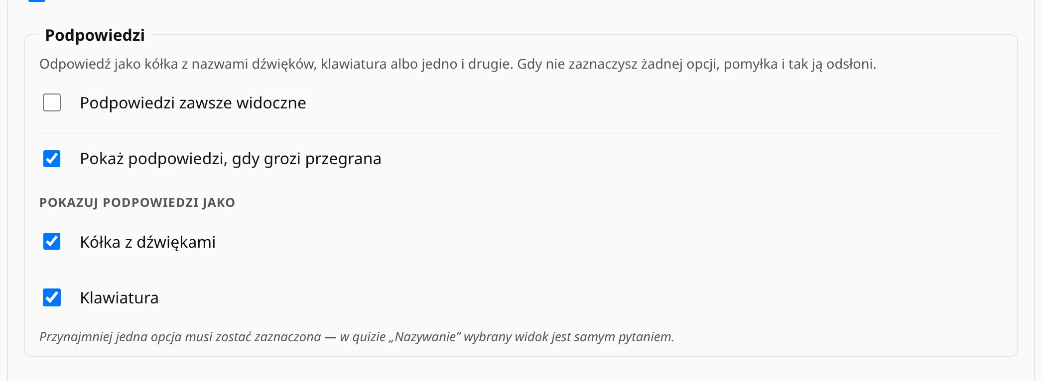 Ustawienia podpowiedzi: stała widoczność, pokazywanie przy grożącej przegranej i wybór obu rodzajów podpowiedzi.