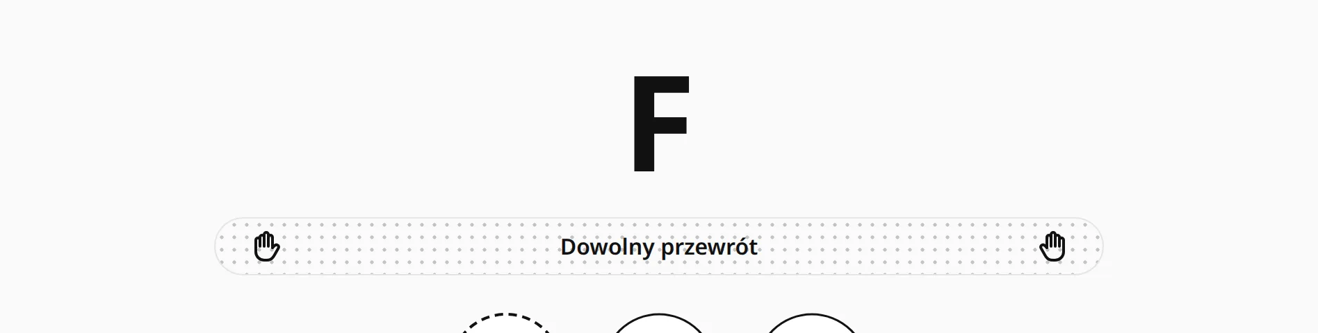 F-dur z kropkowanym paskiem „Dowolny przewrót” i ikonami dłoni po bokach.