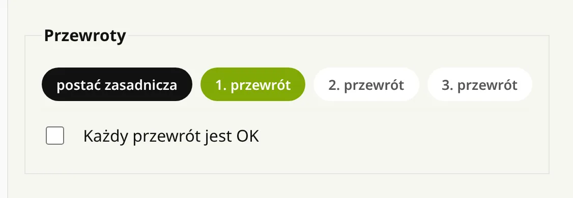 Ustawienie przewrotów: zaznaczona postać zasadnicza i 1. przewrót; niżej pole „Każdy przewrót jest OK”.