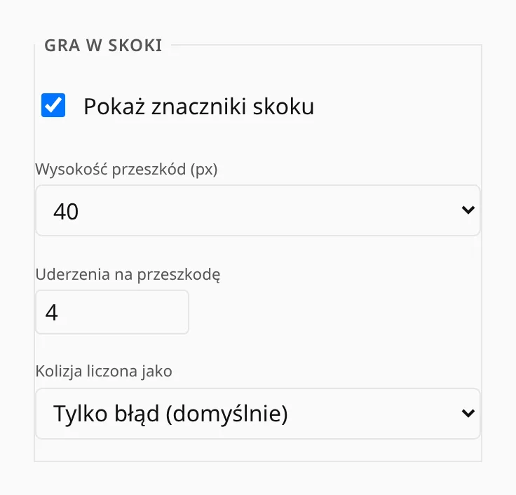 Ustawienia gry: znaczniki skoku, wysokość przeszkód, uderzenia na przeszkodę i znaczenie kolizji.