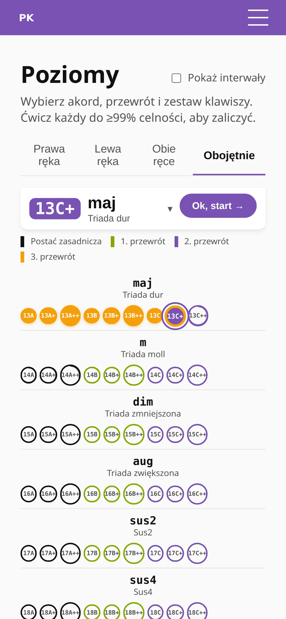 Poziomy na telefonie: zakładki rąk, karta wybranego poziomu z przyciskiem „Ok, start” i wiersze pól dla triad dur, moll, zmniejszonej i zwiększonej.