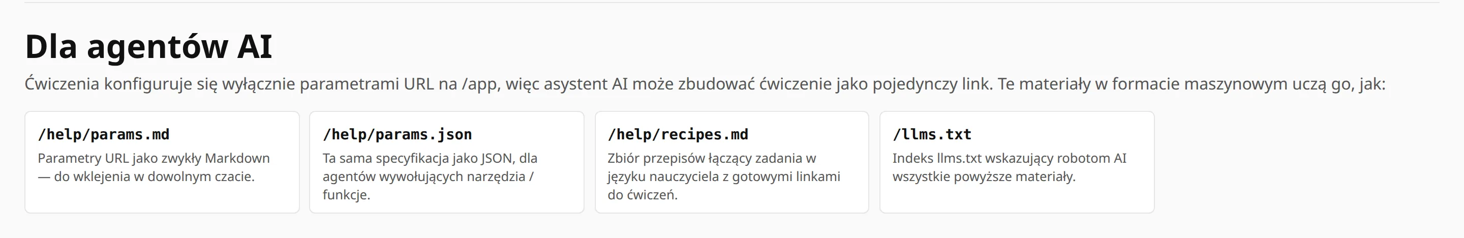 Strona Dla agentów AI: cztery karty z linkami do parametrów w Markdownie, tych samych w JSON-ie, zbioru przepisów i pliku llms.txt.