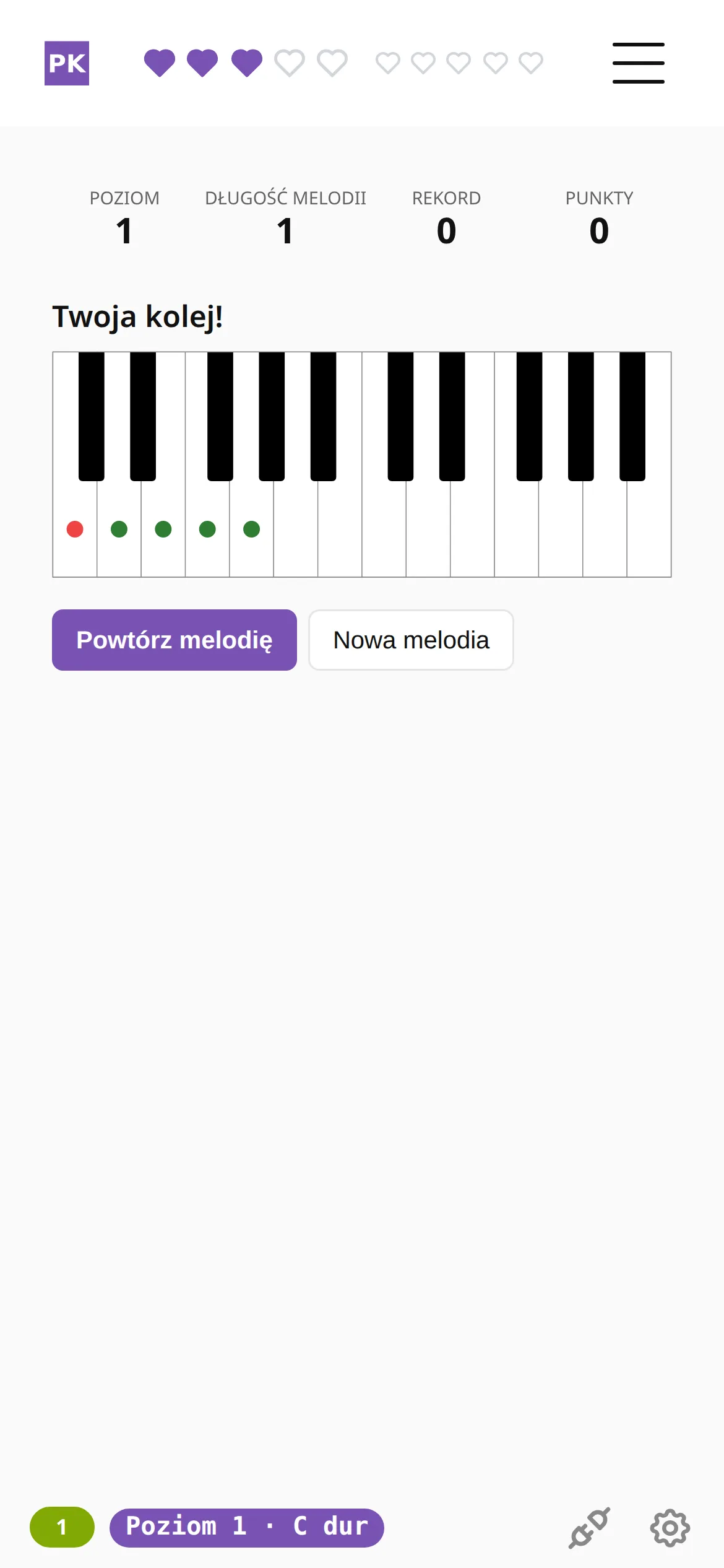 Posłuchaj i powtórz na telefonie: serca na górnym pasku, cztery liczniki, komunikat Twoja kolej! nad klawiaturą z dwóch oktaw i przyciski Powtórz melodię i Nowa melodia.