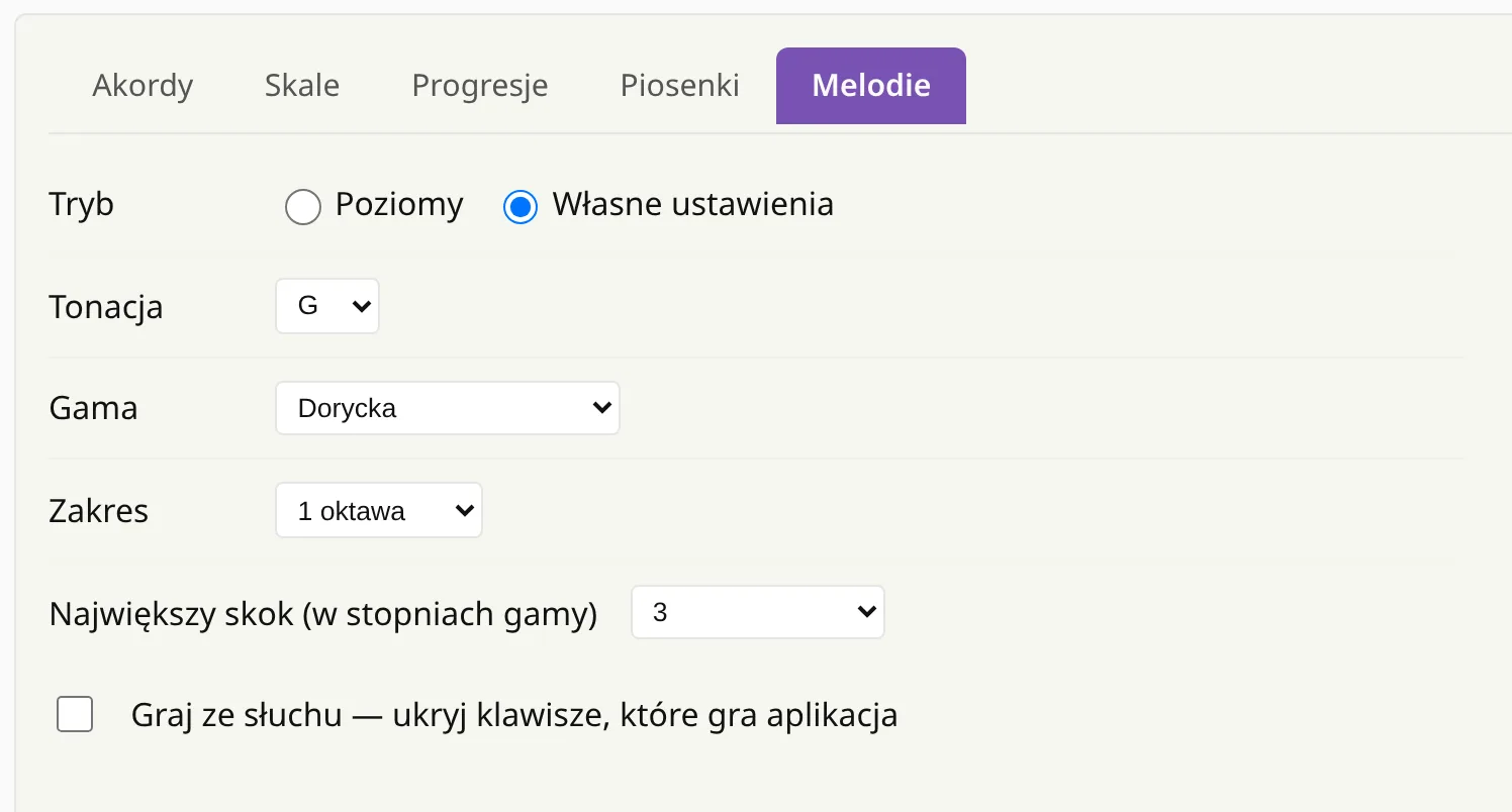 Zakładka Melodie w Ustawieniach z wybranymi własnymi ustawieniami: tonacja G, gama dorycka, zakres 1 oktawa, największy skok 3 i wyłączone Graj ze słuchu.