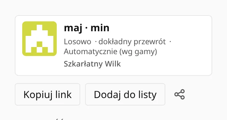 Karta ćwiczenia w Ustawieniach, a pod nią Kopiuj link, Dodaj do listy i ikona udostępniania.
