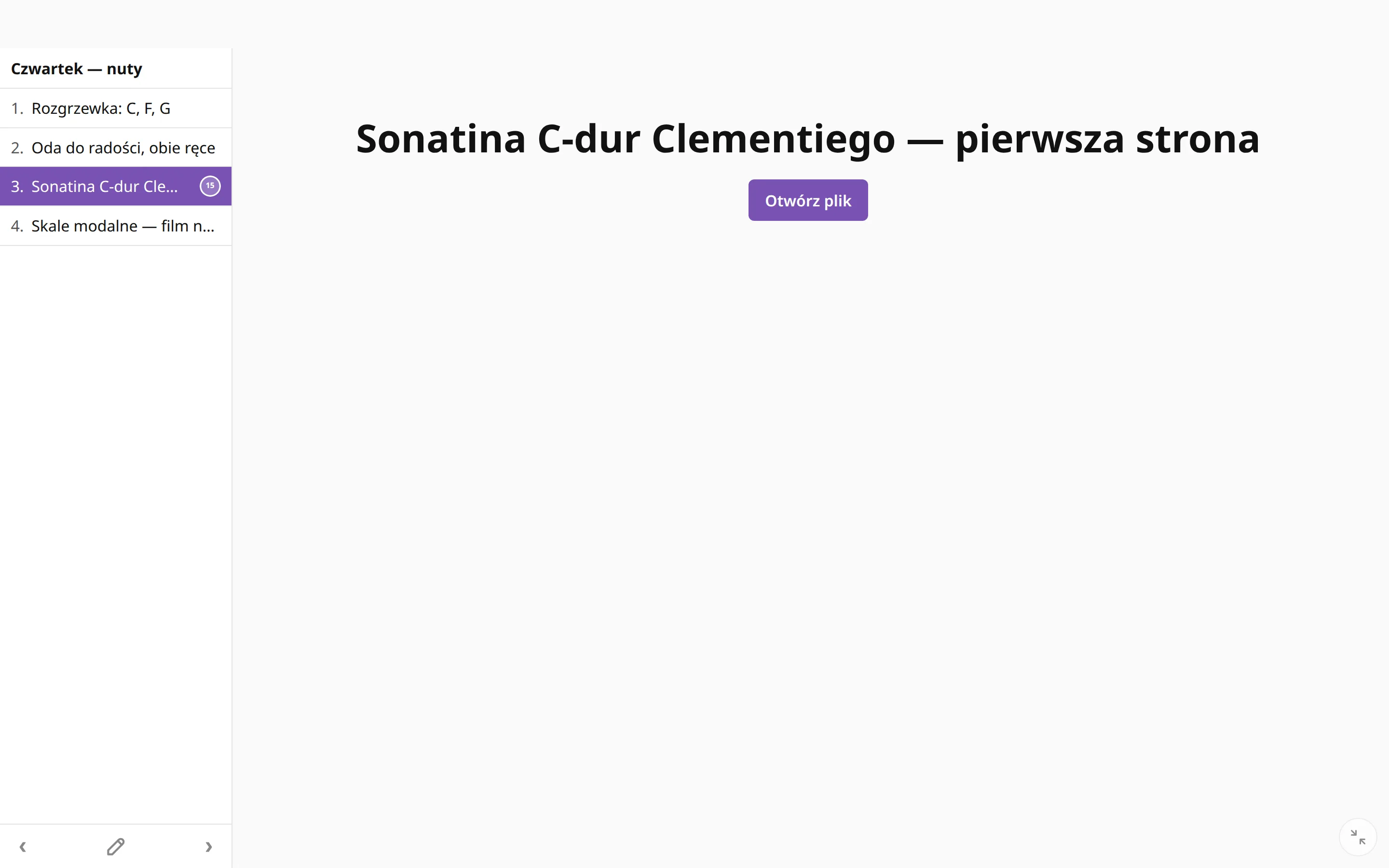 Pozycja listy z PDF-em: nazwa i przycisk Otwórz plik.