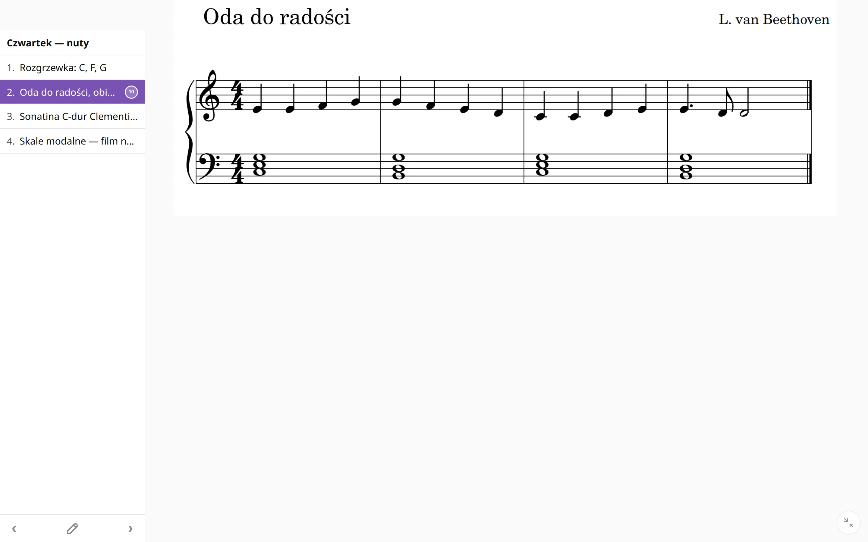 Ekran ćwiczenia w trybie listy: pierwsze takty „Ody do radości” na środku, lista z boku.