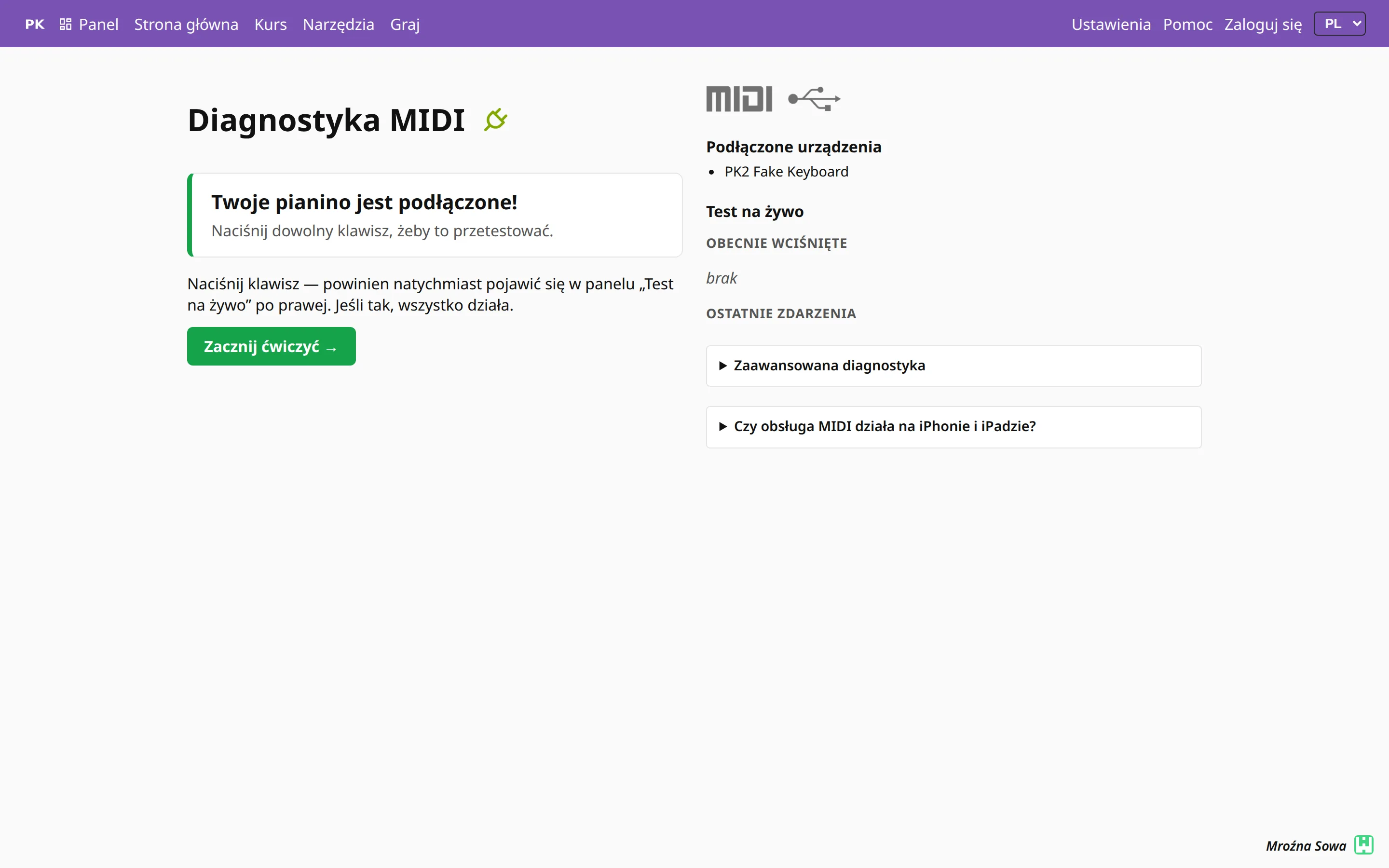 Strona diagnostyki MIDI z podłączonym urządzeniem.