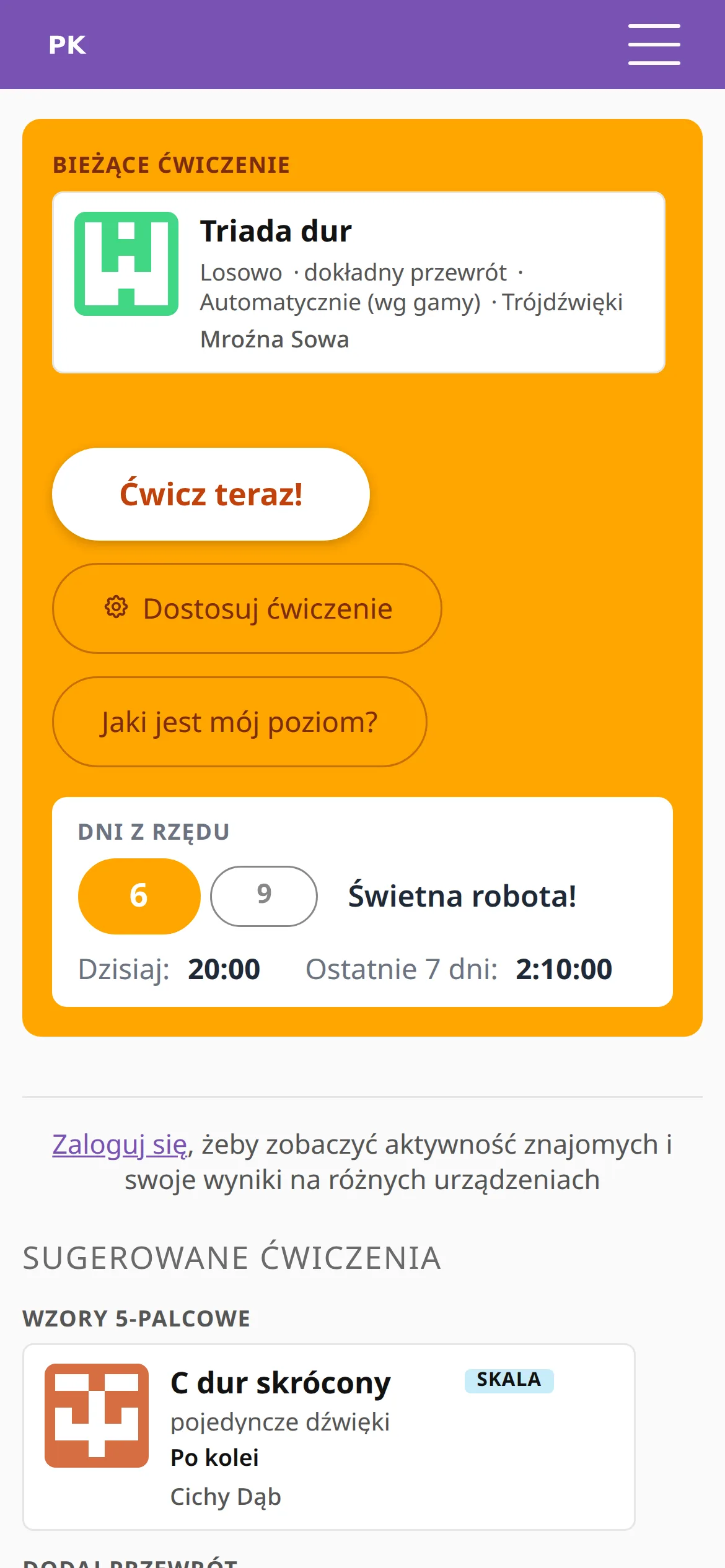 Panel na telefonie: przycisk ćwiczenia, seria dni i karty z propozycjami jedna pod drugą.