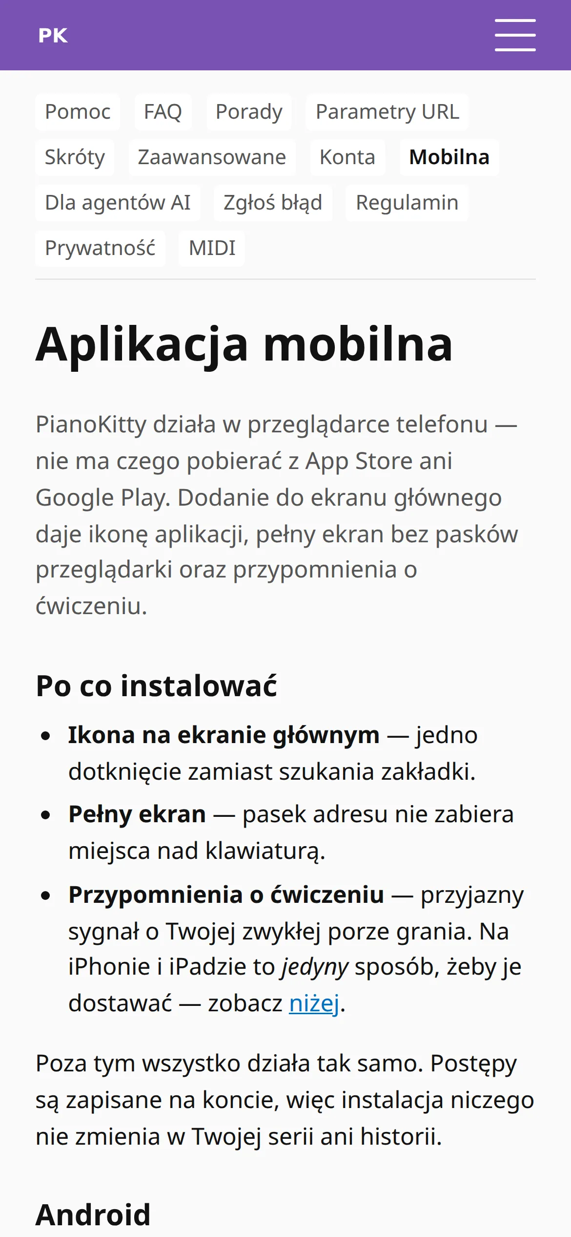 Strona pomocy dla telefonów z instrukcją dodania aplikacji do ekranu głównego.