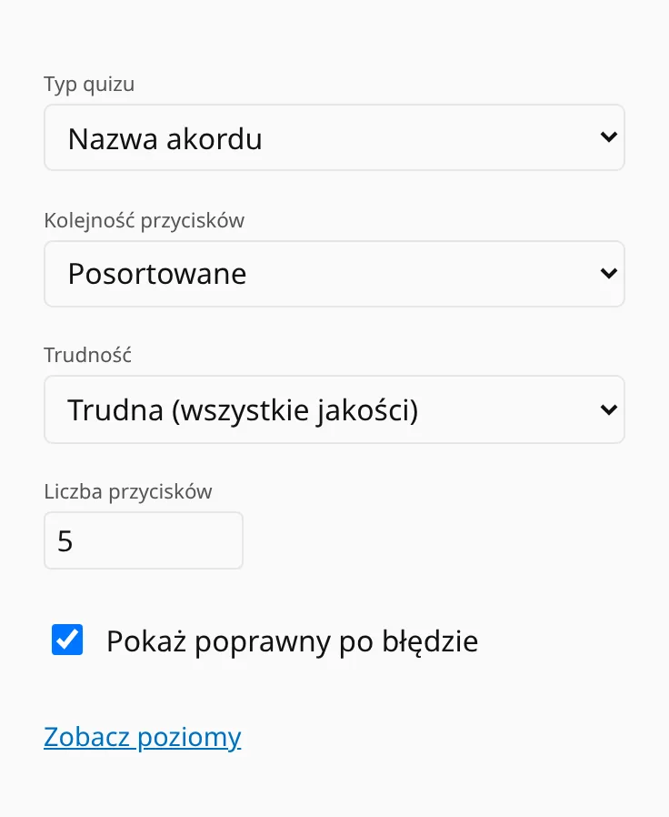 Ustawienia nazywania: rodzaj quizu, trudność, liczba przycisków, kolejność, podpowiedź po błędzie.