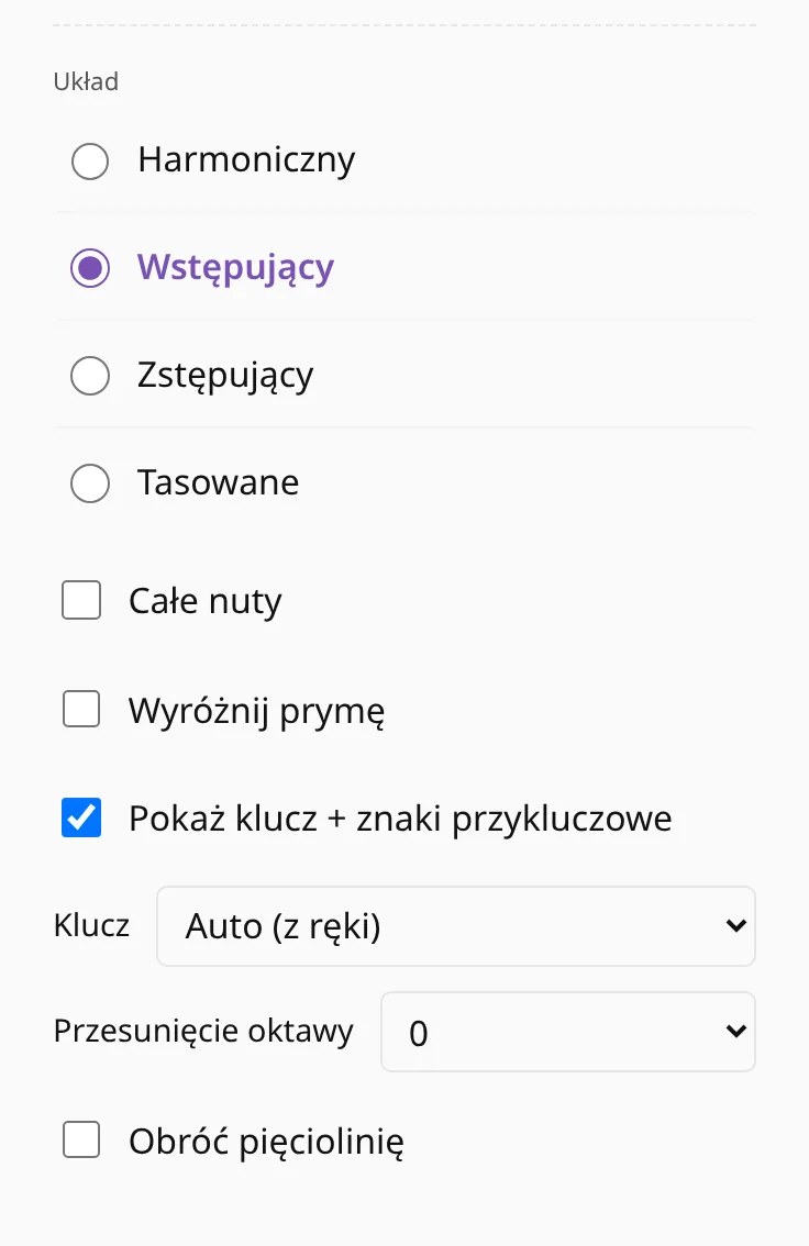 Ustawienia zapisu nutowego: układ (harmoniczny, wstępujący, zstępujący, tasowany), całe nuty, wyróżnienie prymy.