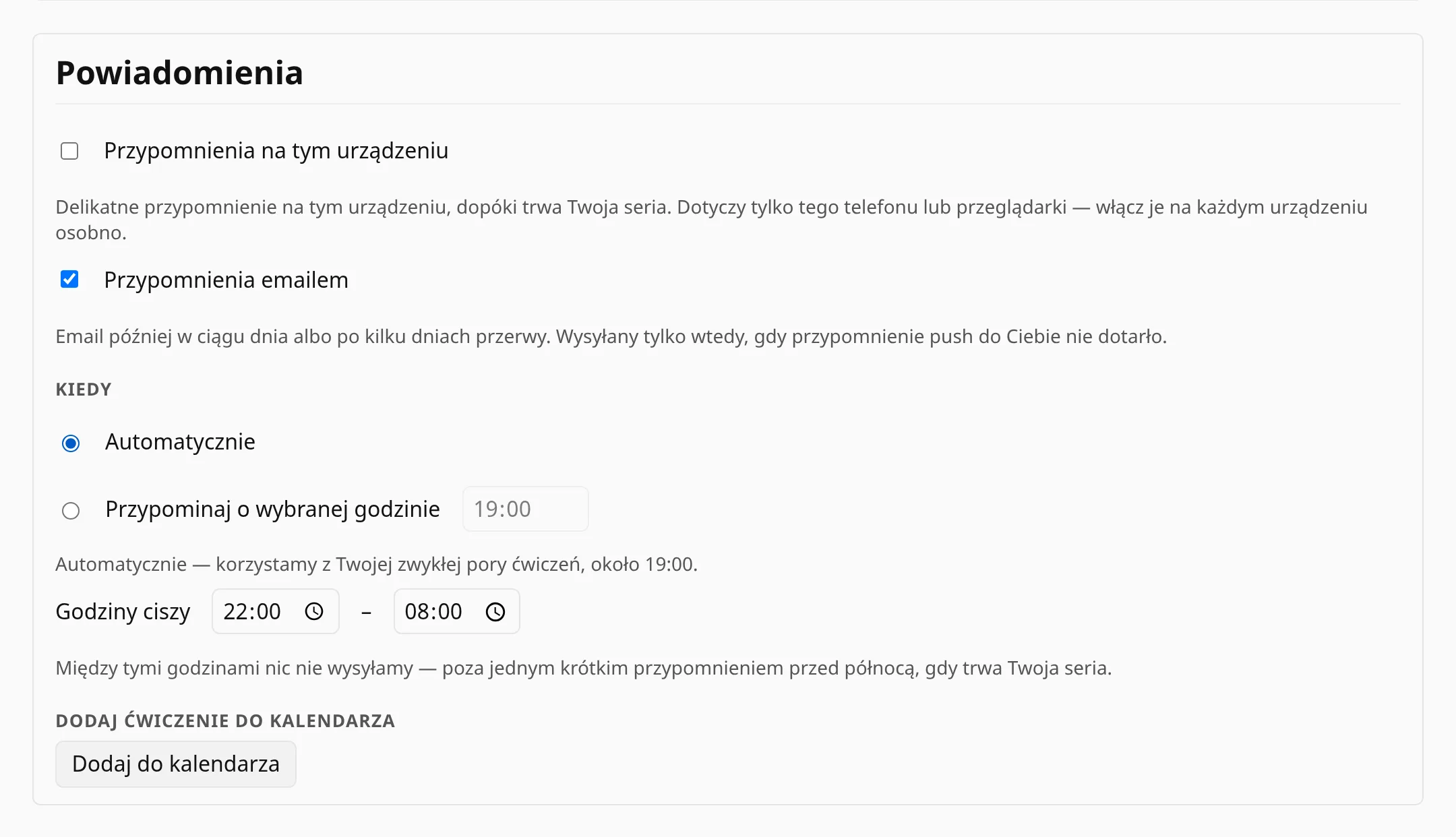 Ustawienia pory przypomnień: godzina ustalona albo automatyczna, oraz godziny ciszy.