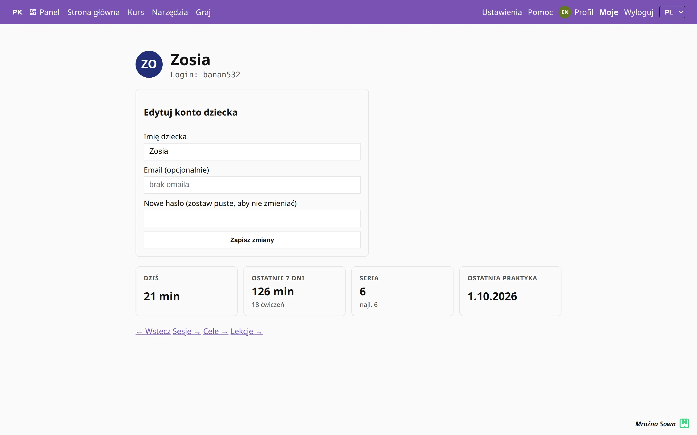 Strona konta dziecka: login, formularz do zmiany imienia, emaila i hasła, minuty z tego tygodnia, seria i ostatnie ćwiczenie oraz linki do sesji, celów i lekcji.
