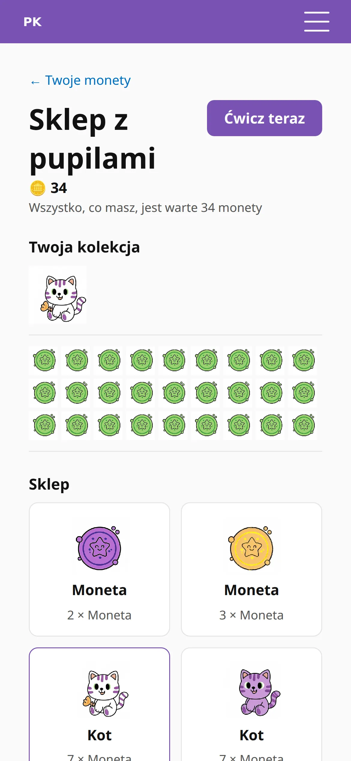Sklep ze zwierzakami na telefonie, z jednym kotem w kolekcji.